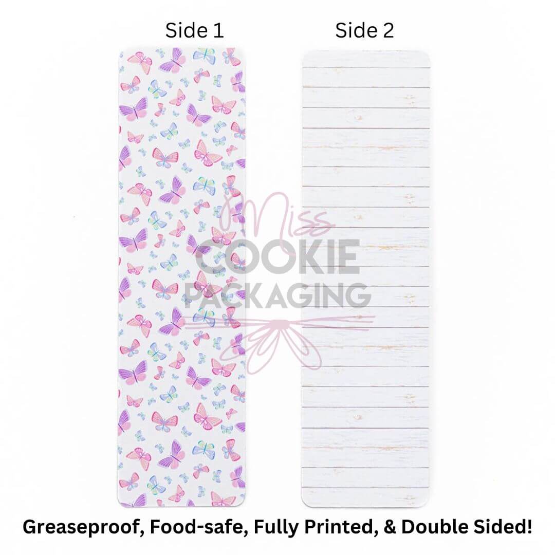 GREASEPROOF BACKER – BUTTERFLIES WHITE WOOD GRAIN – 9.5” X 2.625” - MISS COOKIE PACKAGING